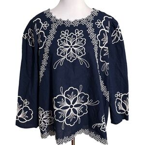 Cato Dark Blue Blouse with White Floral Embroidery